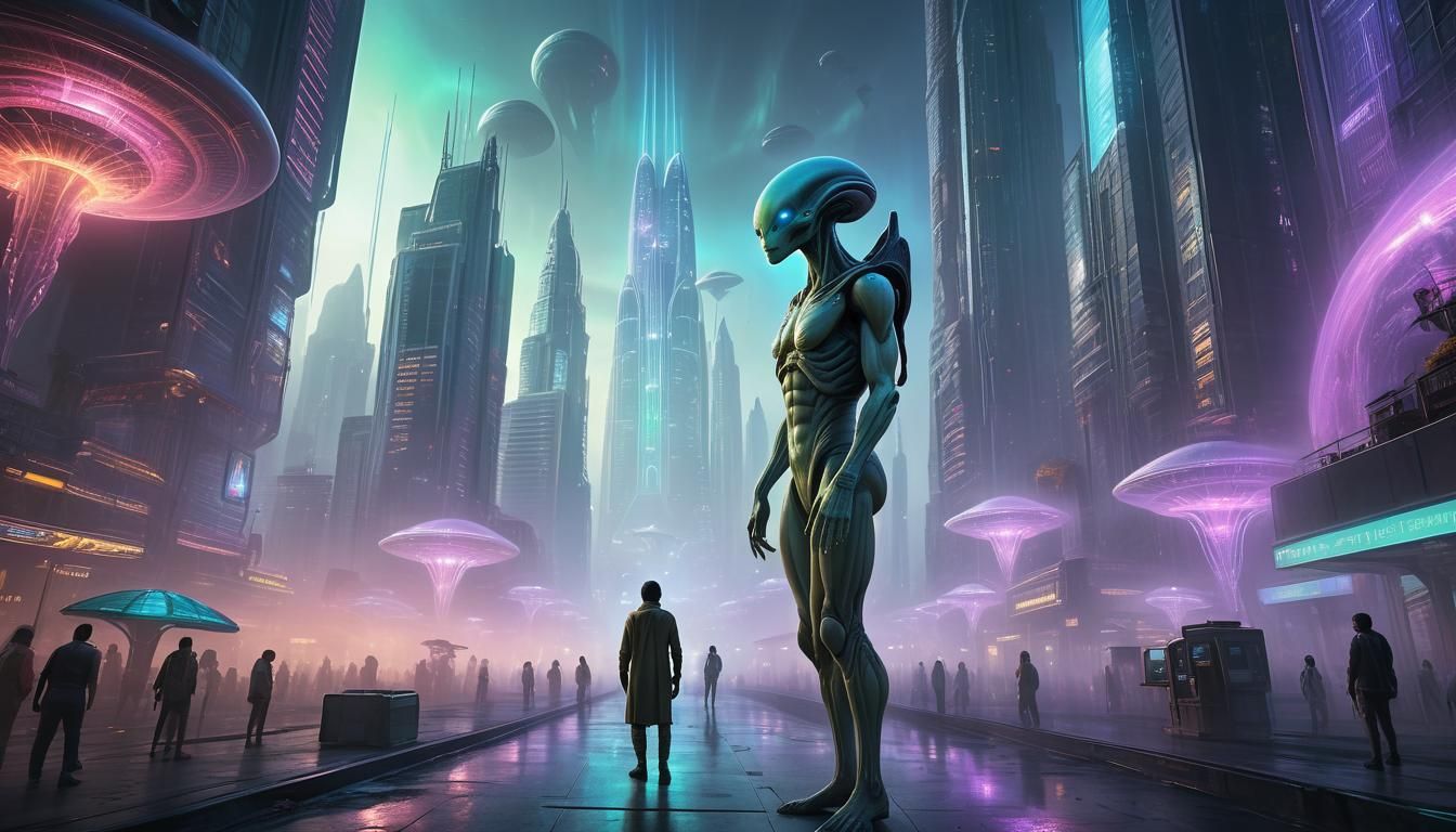 Alien Merchant in Sci-Fi Cityscape Rendered by Octane