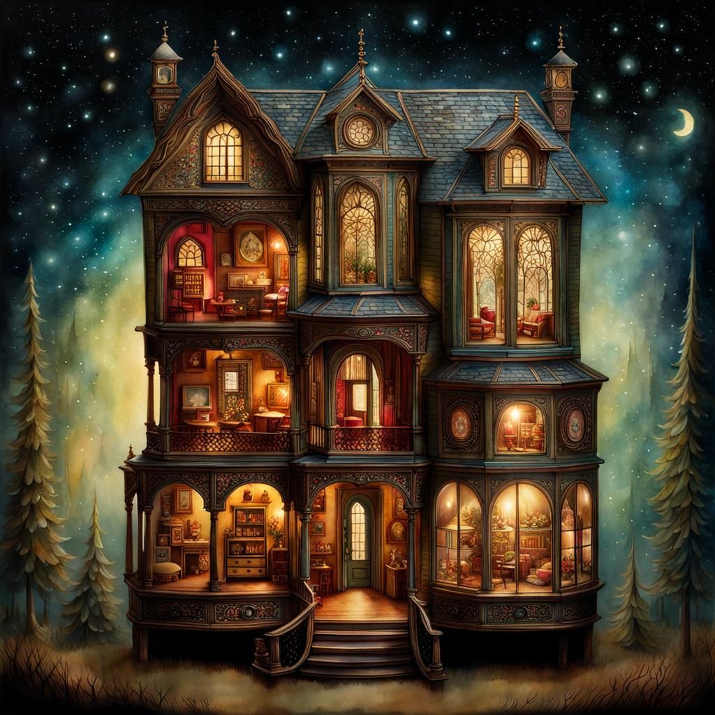 Glowing Antique Dollhouse in Watercolor Style