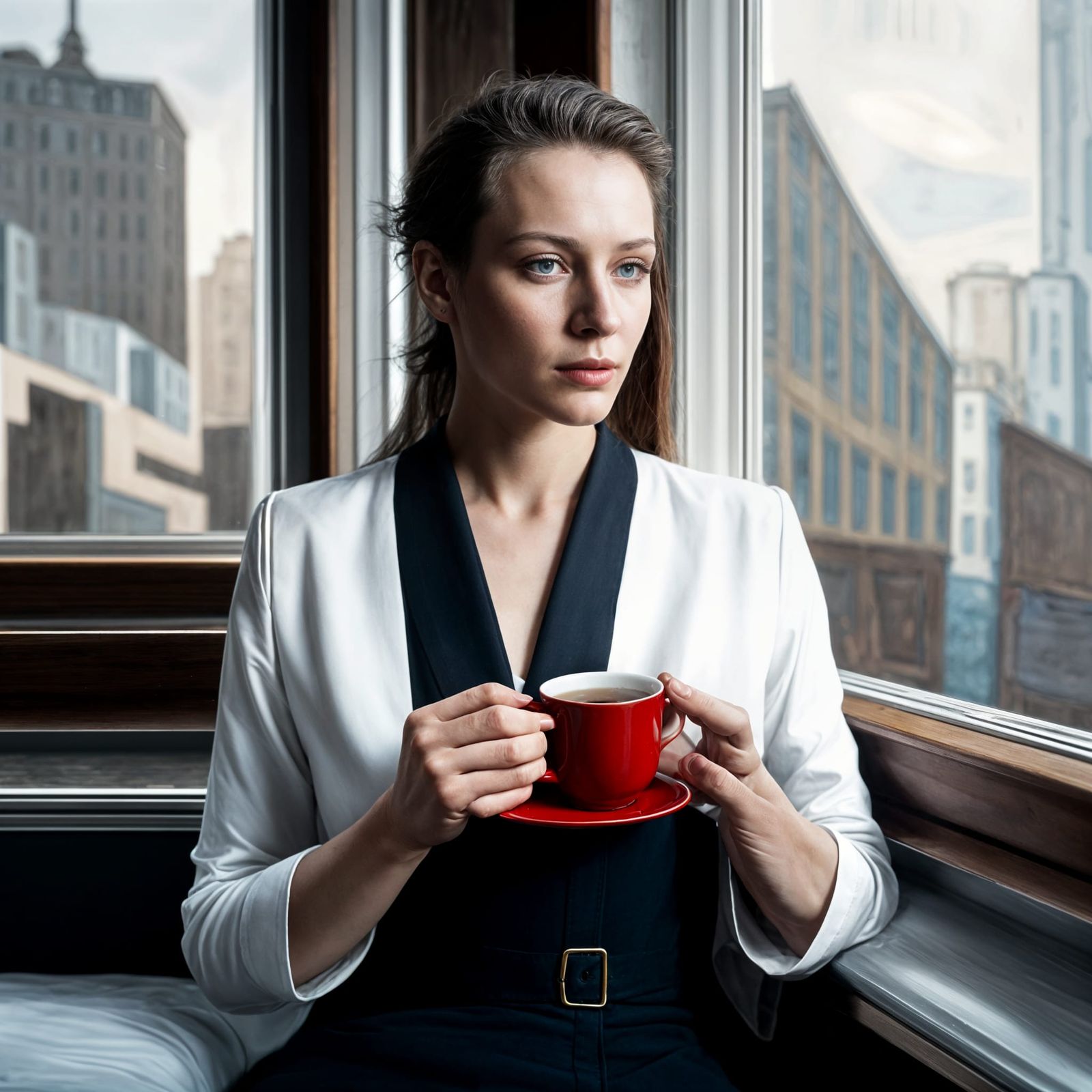 Photorealistic Portrait of Woman in Cafe, Hyperreal Painting