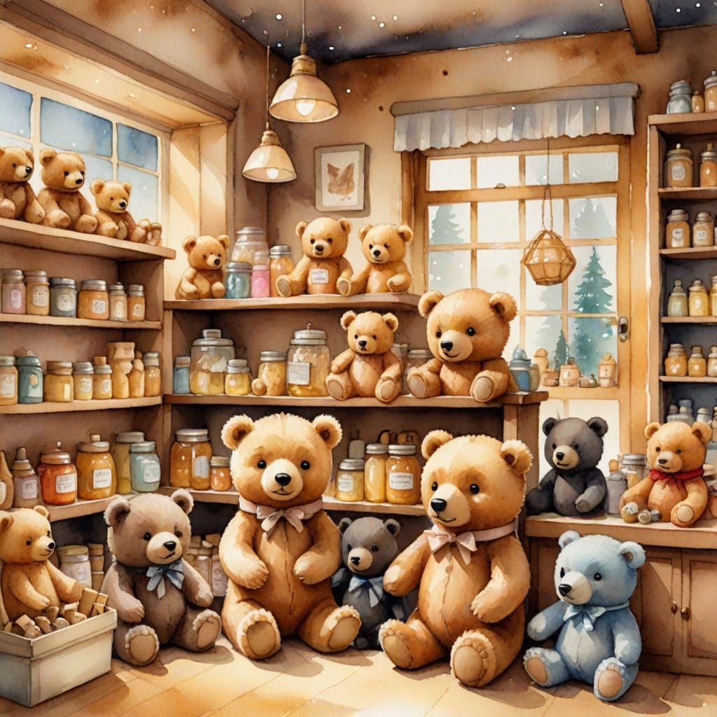 Whimsical Watercolor Toy Shop with Tiny Bears