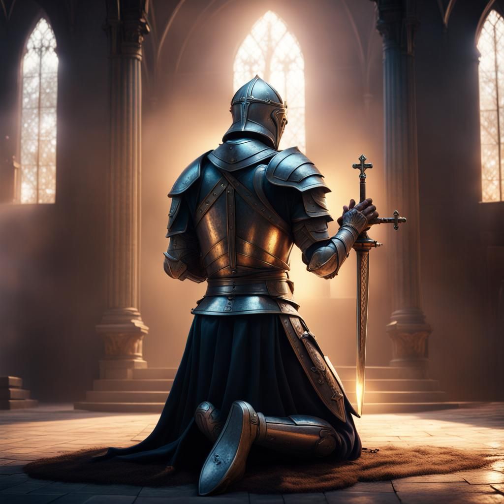 Knight Praying with Sword and Radiant Light