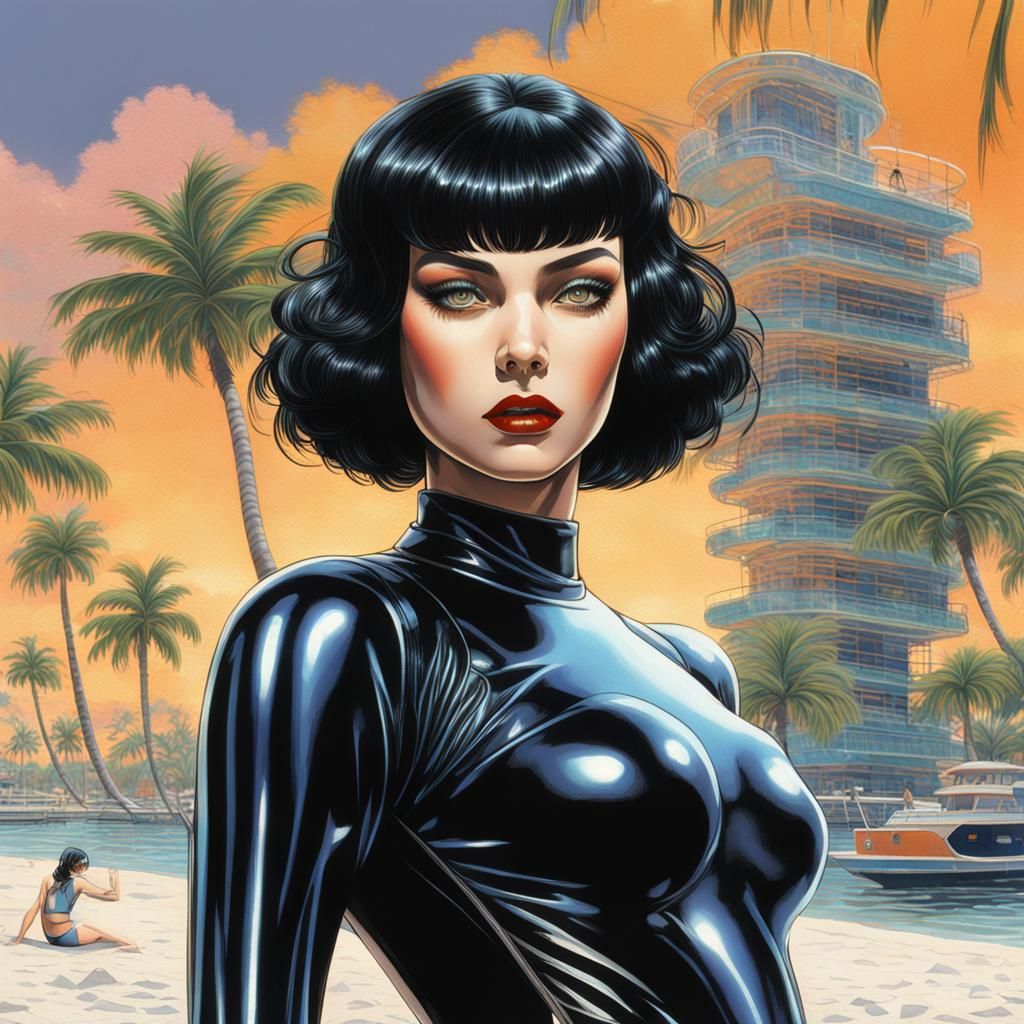 Voluptuous Goth Woman on Miami Beach: 80s Illustration