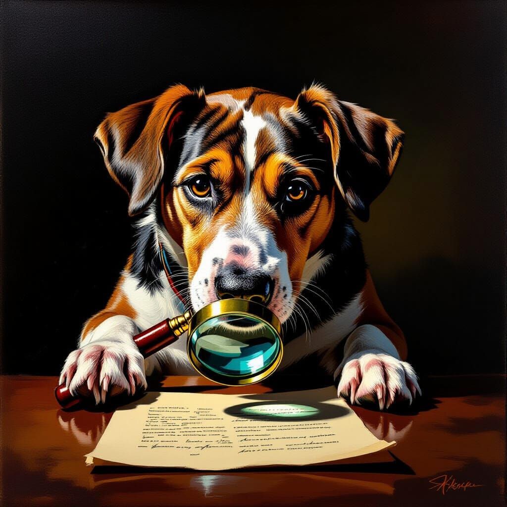 Detective Hound Peers Under Magnifying Glass in Oil Painting...