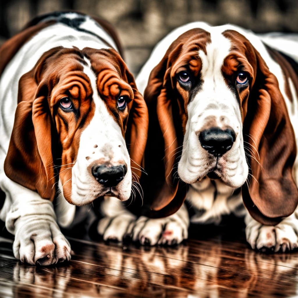 Two Cute Fat Basset Hounds in HDR