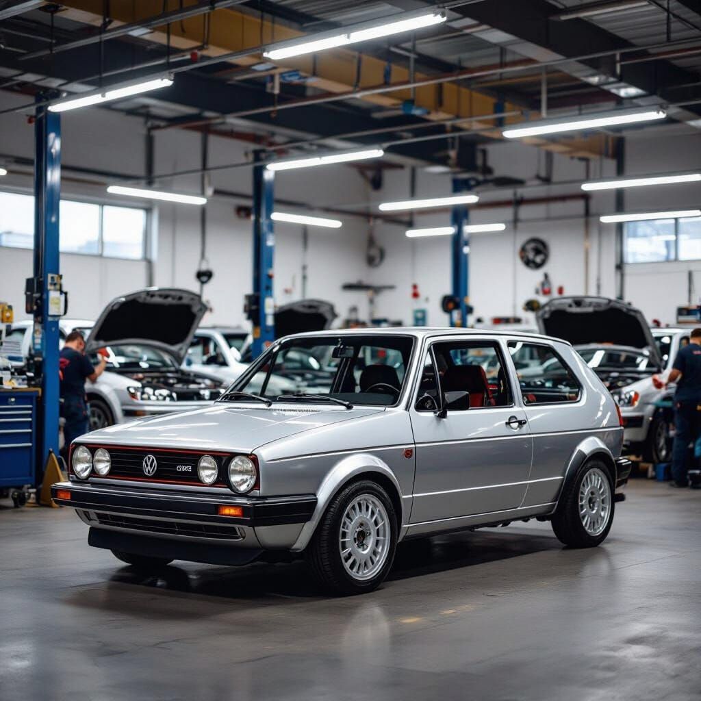 Silver VW Golf GTI Serviced in Busy Garage