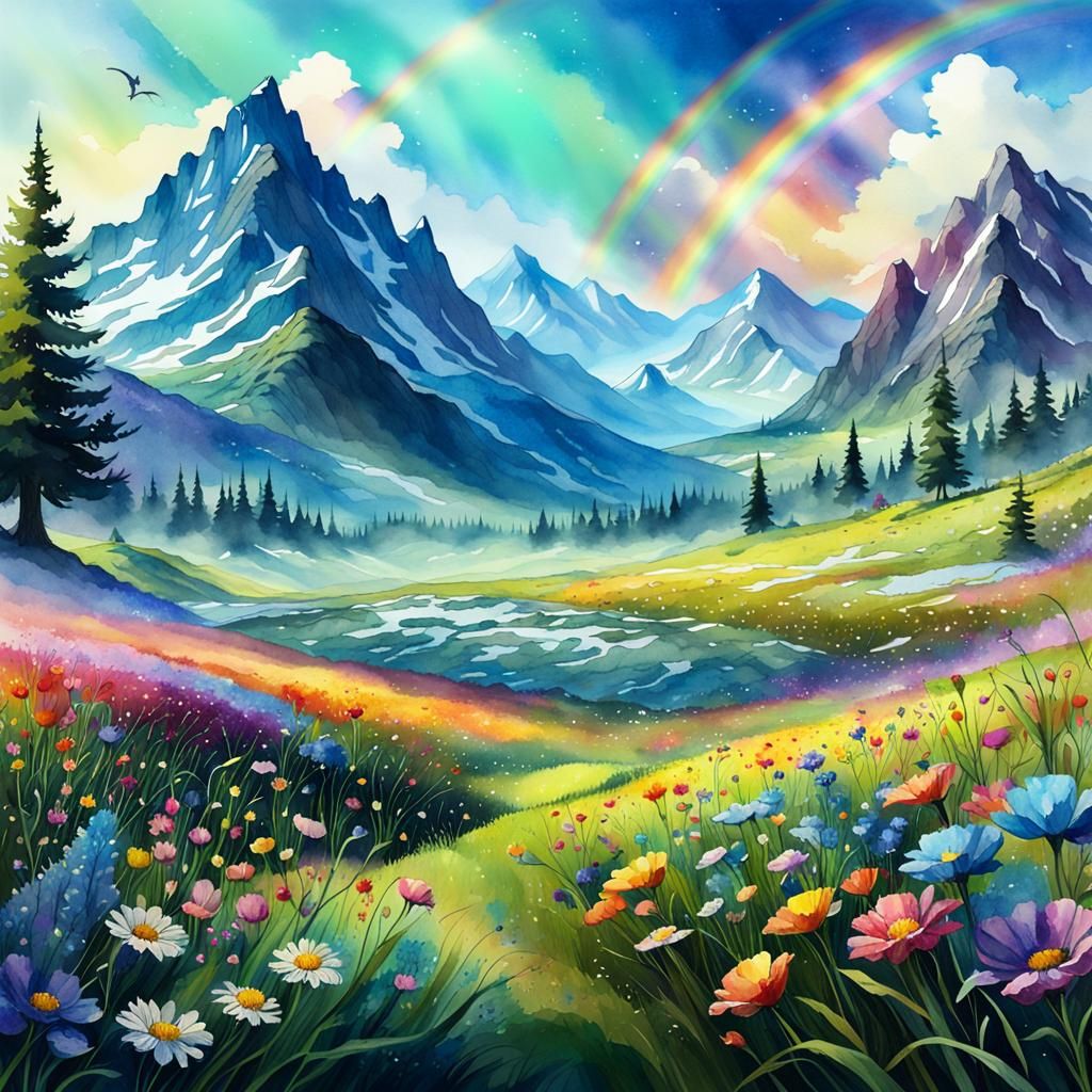 Rainbow Mountains Over Flower Meadow Watercolor