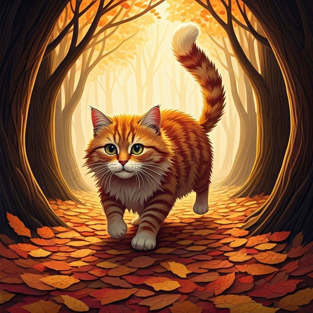 Whimsical Cat Pouncing in Autumnal Paper Collage