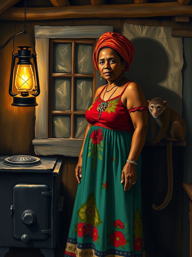 Belizean Woman in Hut, Folk Art Style