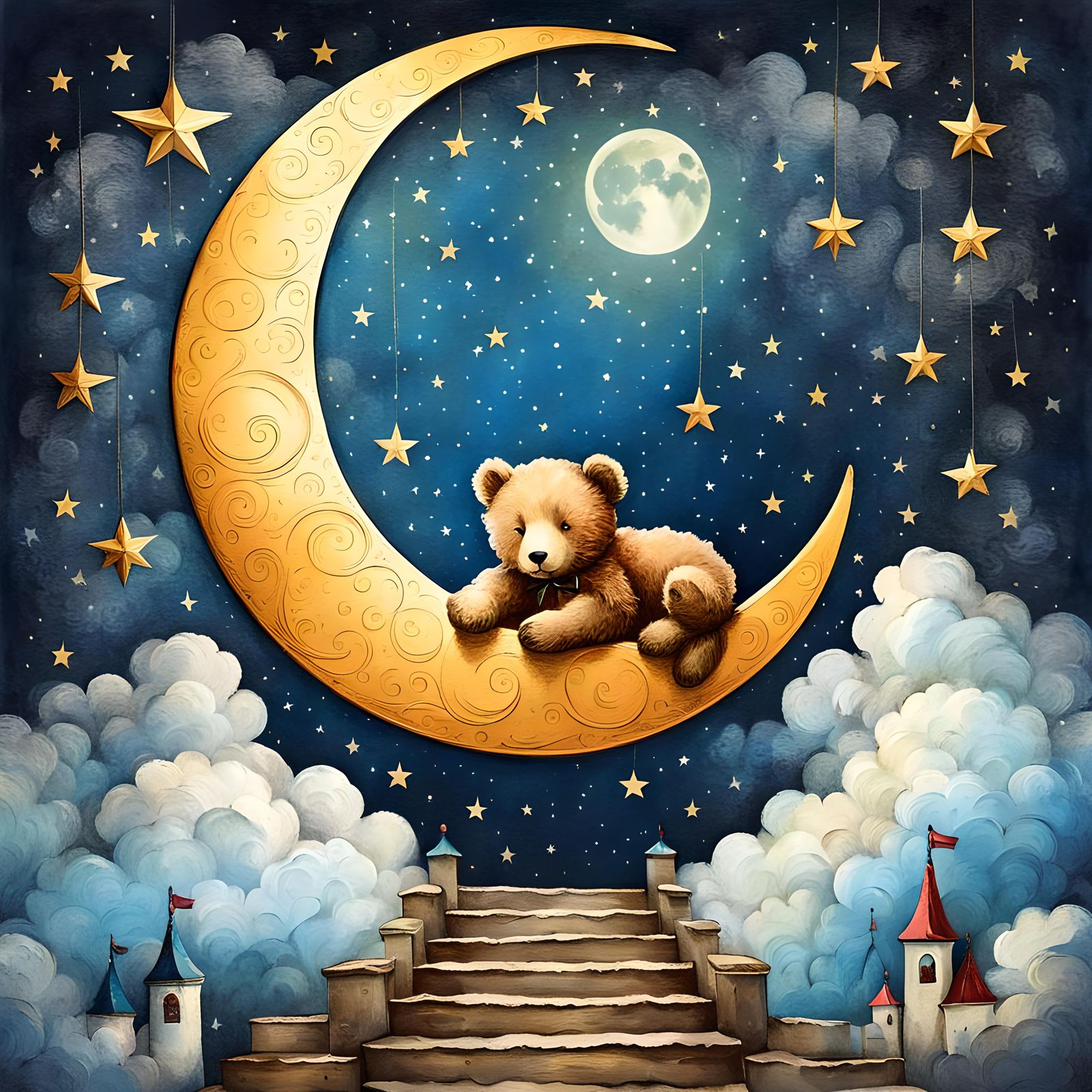 Teddy Bear on Moon in Vintage Fairytale Style