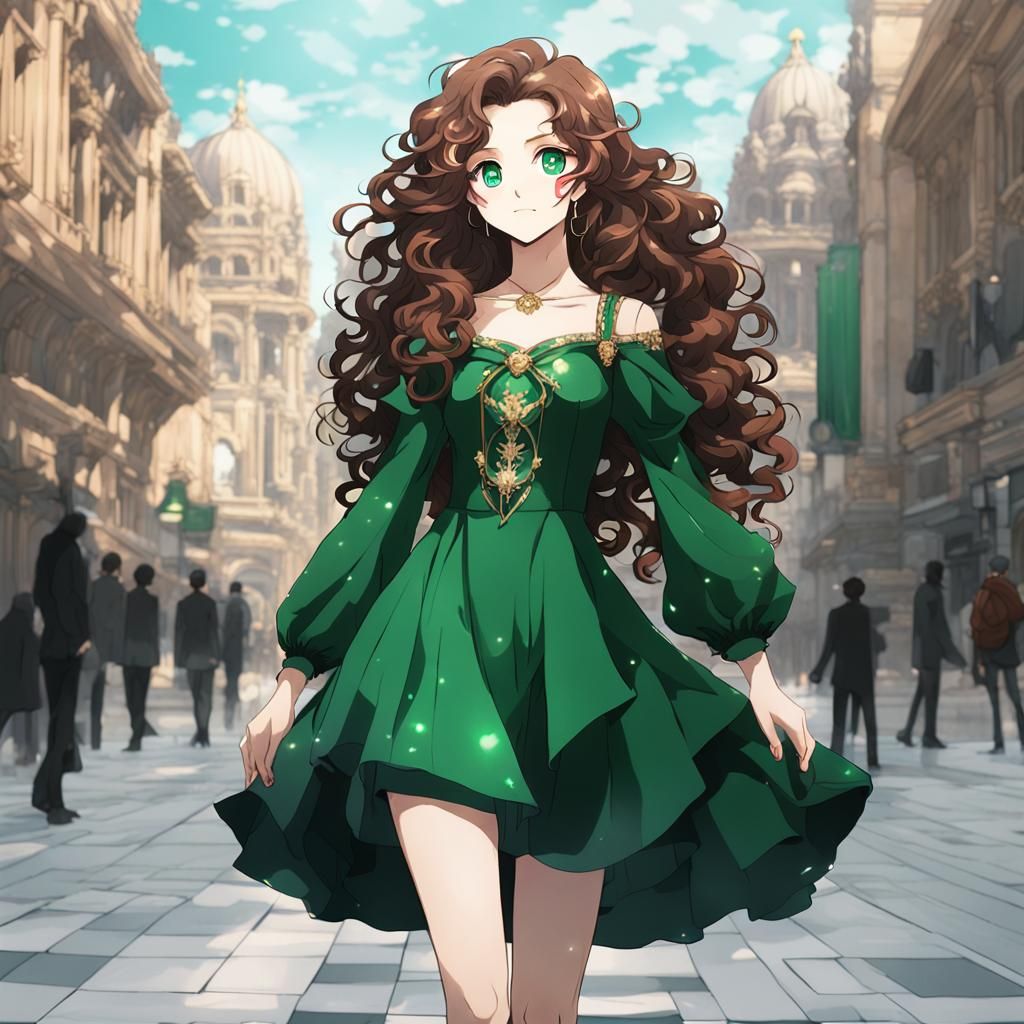 Beautiful anime woman with long curly hair and green dress.
