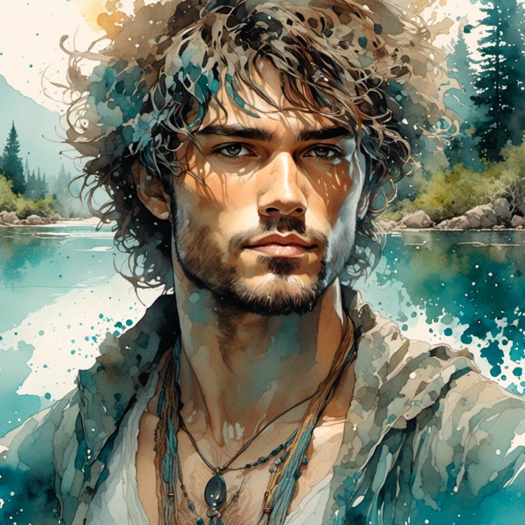 Italian Man at Sparkling Lake: Digital Watercolor Illustrati...