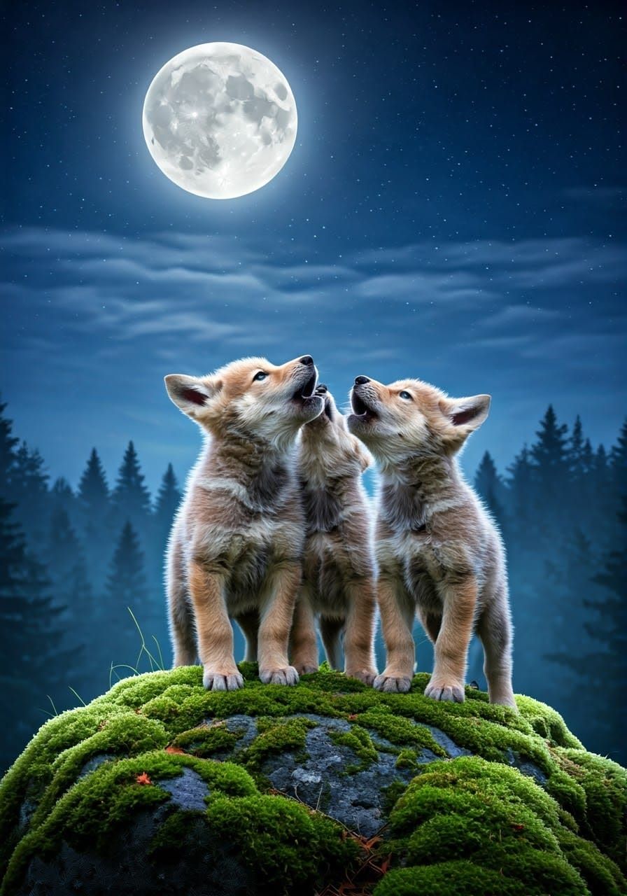 Wolf Pups Howling at the Moonlit Sky