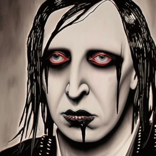Marilyn Manson with long black hair& smoky black eyeliner& Black lipstick& handsome vibes& gothic vibes