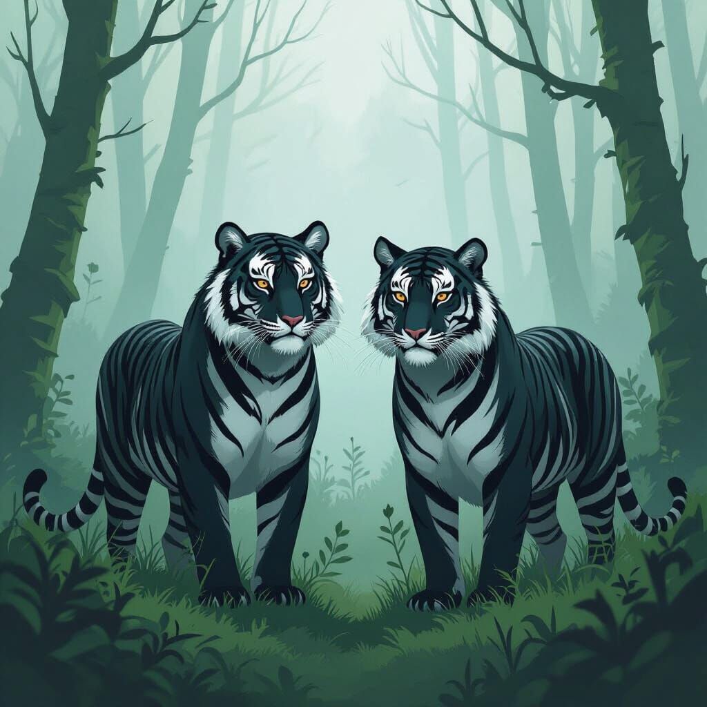 Mystical Black Tigers in Misty Green Forest, Folk Art Style
