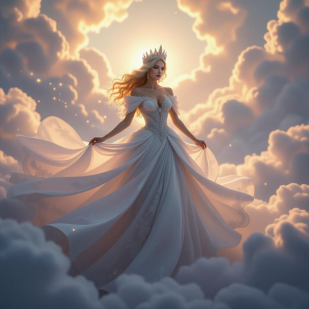 Regal Queen Floating in Ethereal Clouds, 8K Fantasy Portrait