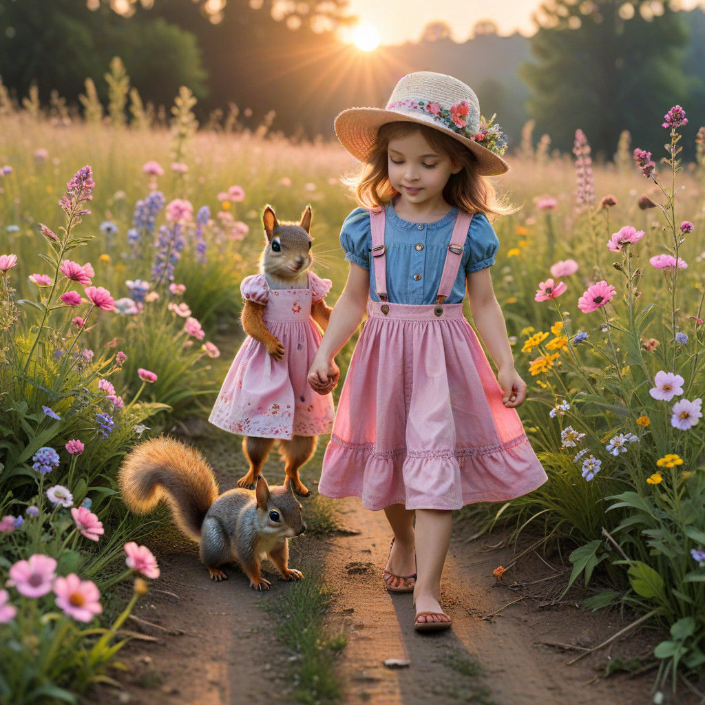 Whimsical Summer Meadow Encounter in Watercolor Style