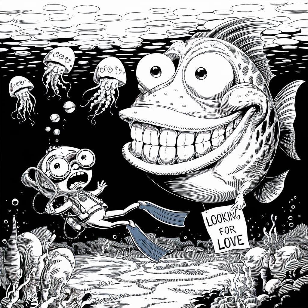 Tiny Scuba Diver in Cartoon Panic, Surrounded by Massive Fis...