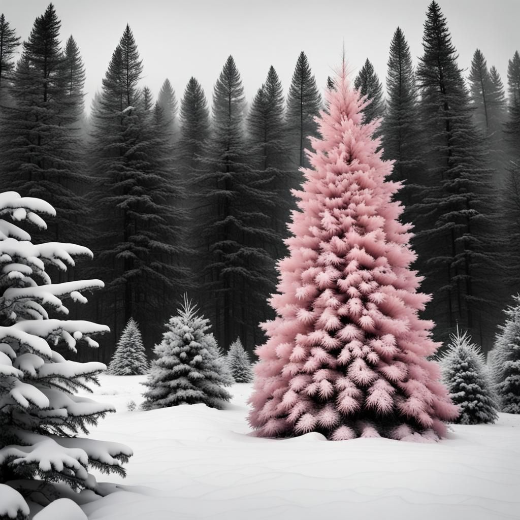 Pink Christmas Tree in Black and White Forest
