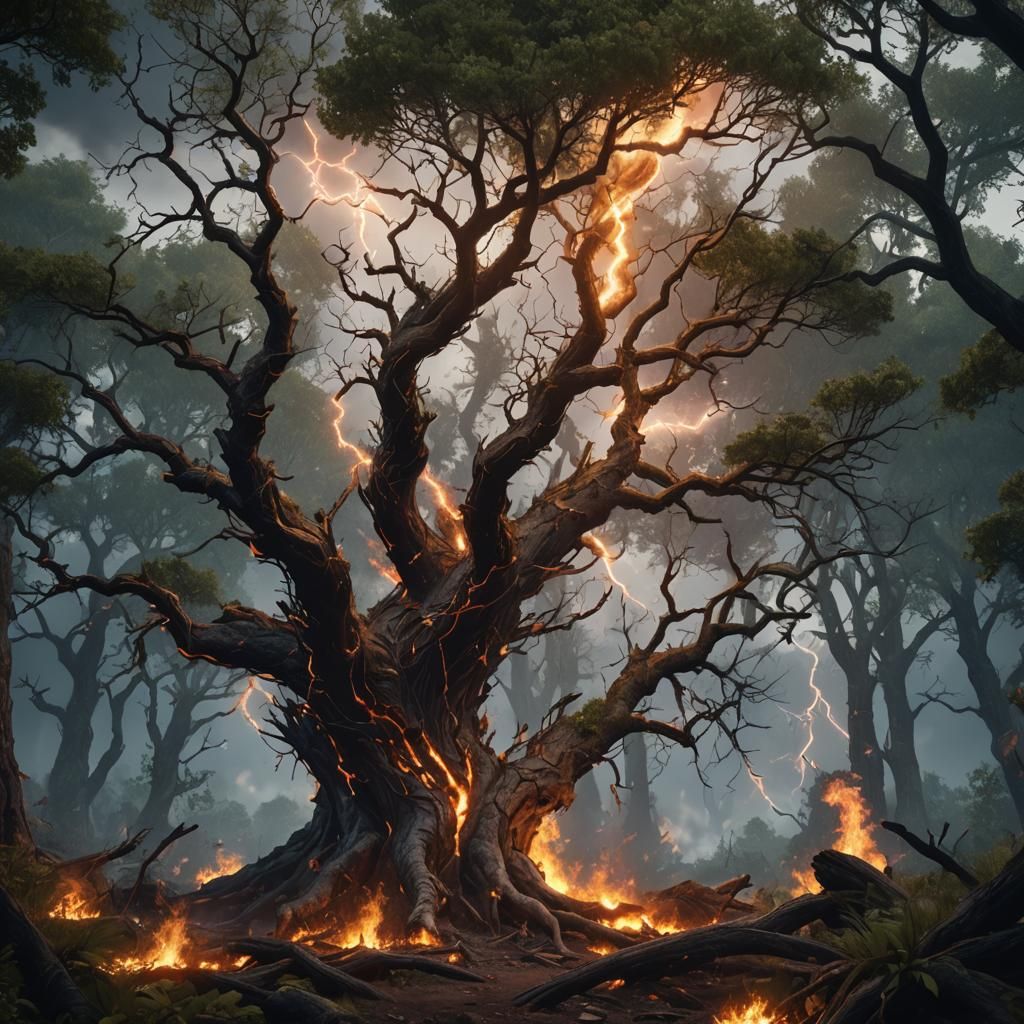Tree on Fire After Lightning Strike