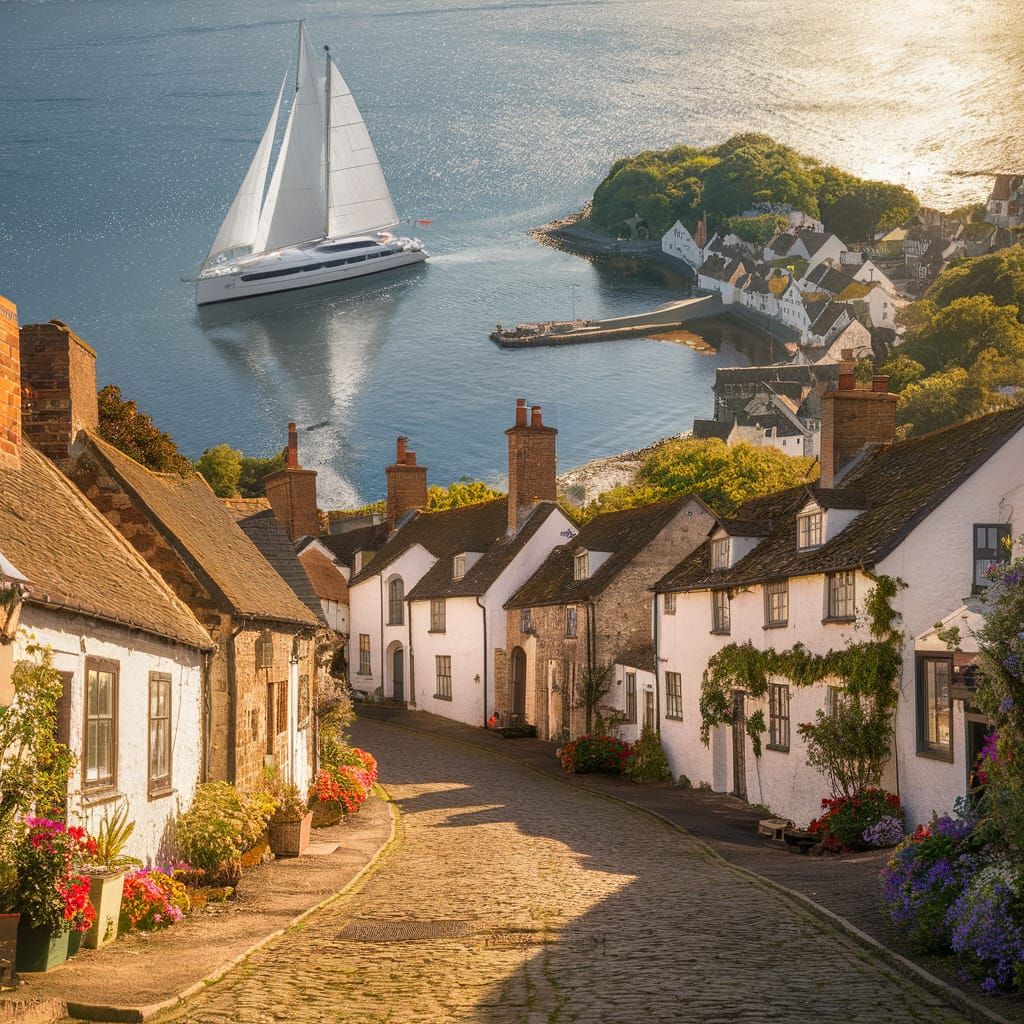 Picturesque Coastal Village and Sailing Yacht