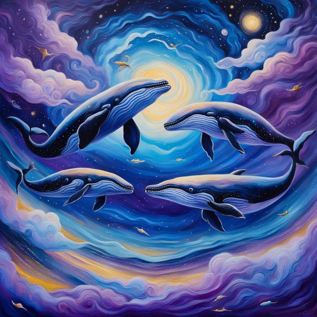 Surreal Whales in Space, Oil on Canvas