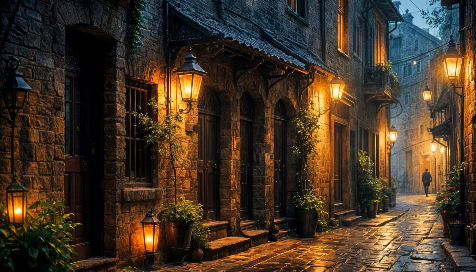 Whimsical Cobblestone Alleyway in Golden Light