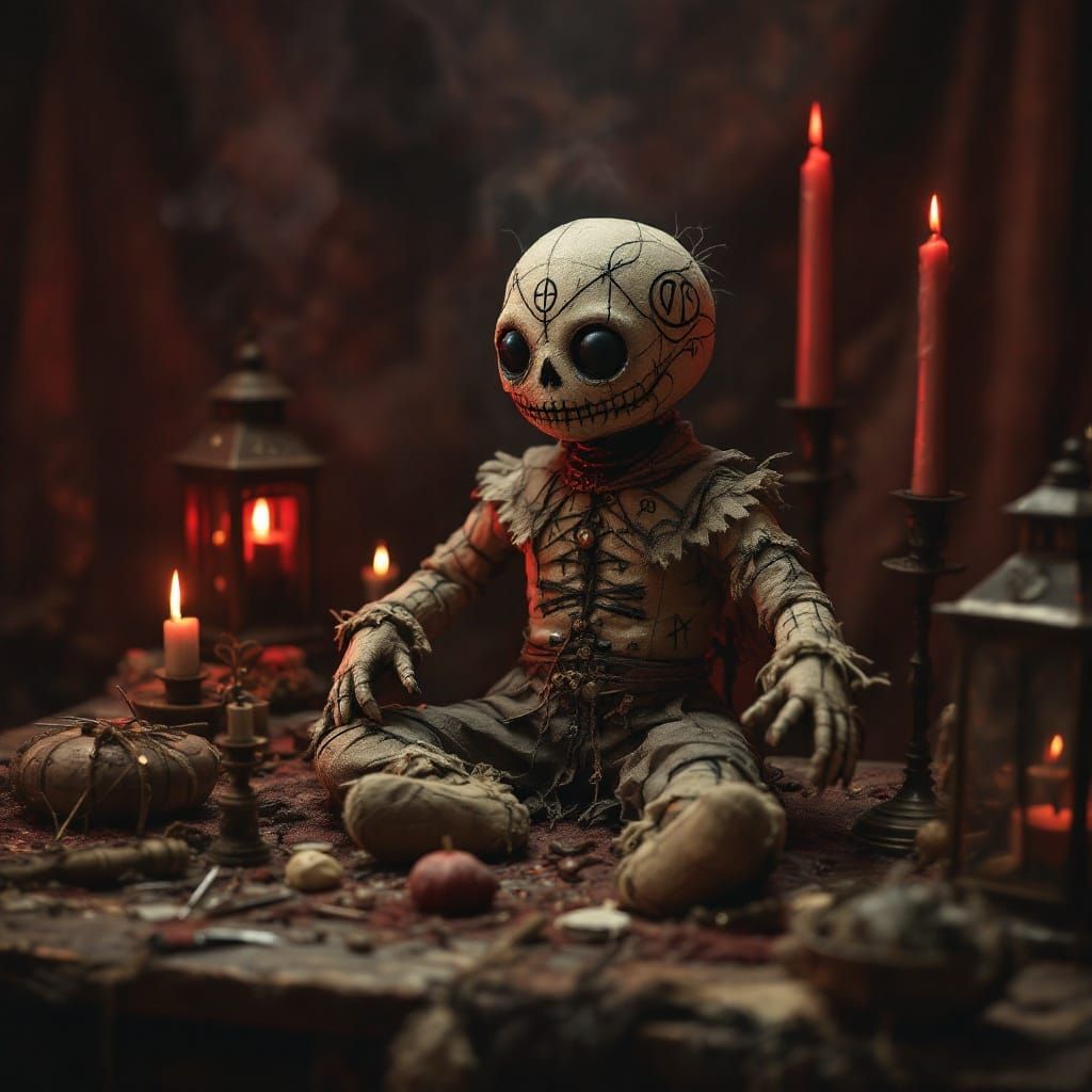 Mysterious Voodoo Doll in Dark, Red-Lit Ritual Chamber