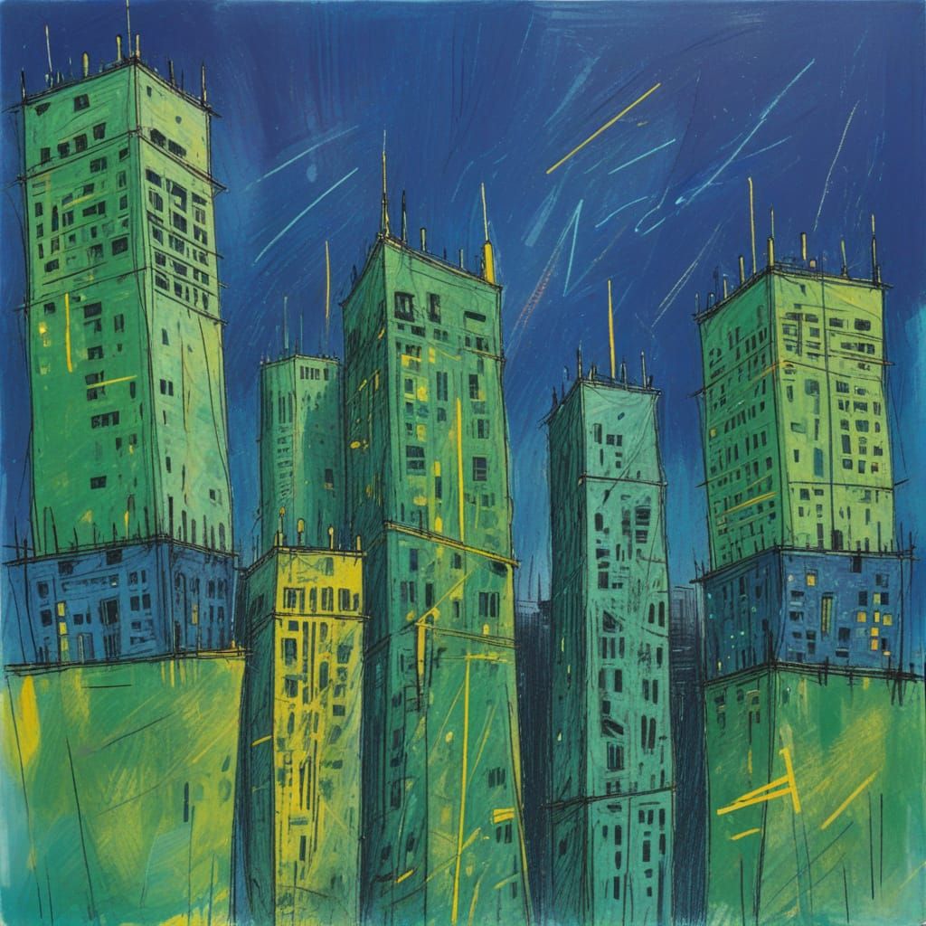 Abstract Scribble Cityscape in Blue and Green