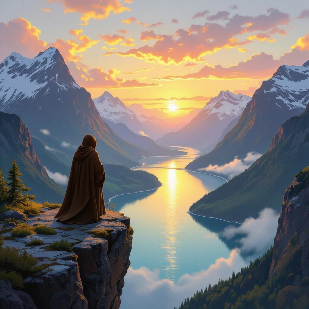 Monk on Cliff Overlooking Sunrise in Fjord Landscape Paintin...