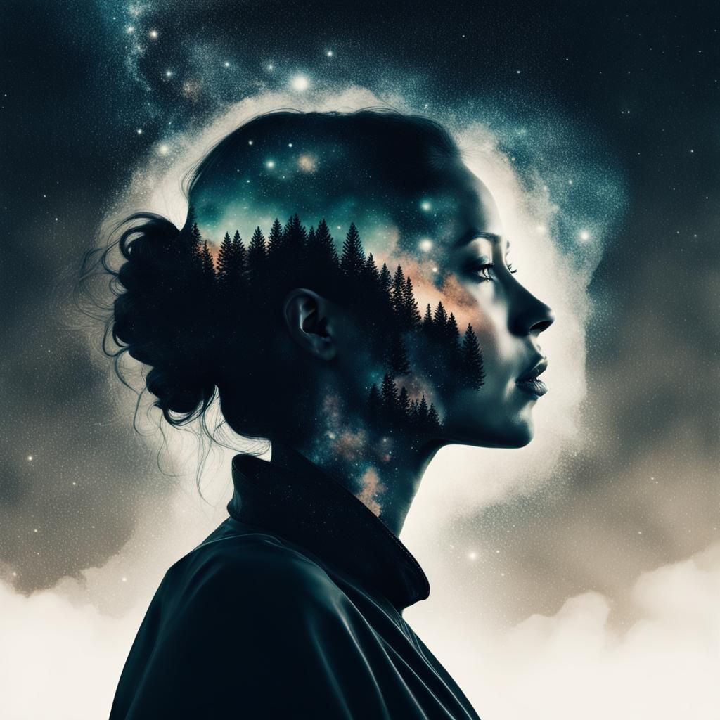 Double exposure, noir female portrait by Andreas Lie. Milky Way background. High contrast. Depth of Field. Digital maste...