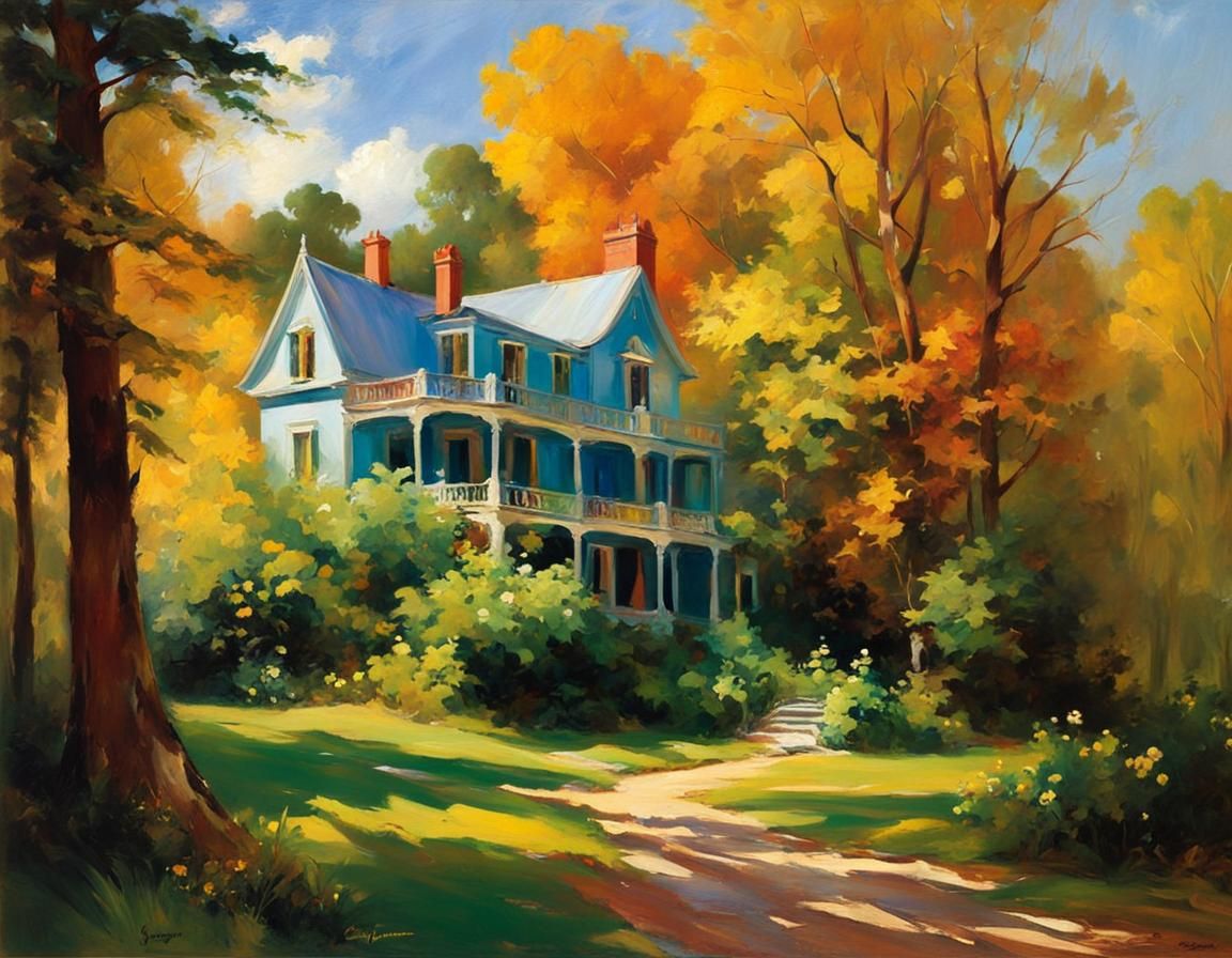 Mystical Victorian House in Forest, Oil Painting