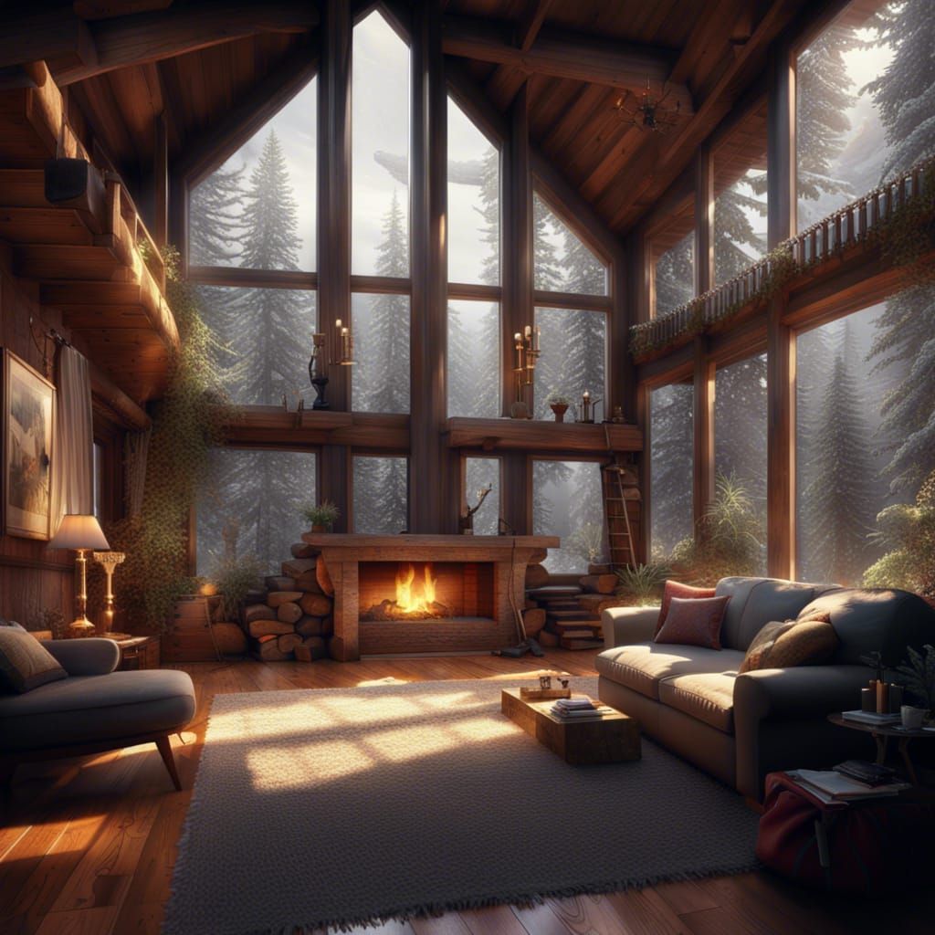 Cozy Modern Log Cabin in Snowy Forest