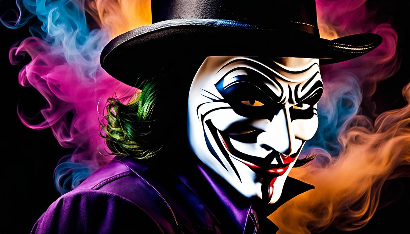 Joker-themed Guy Fawkes Mask in Whirling Smoke