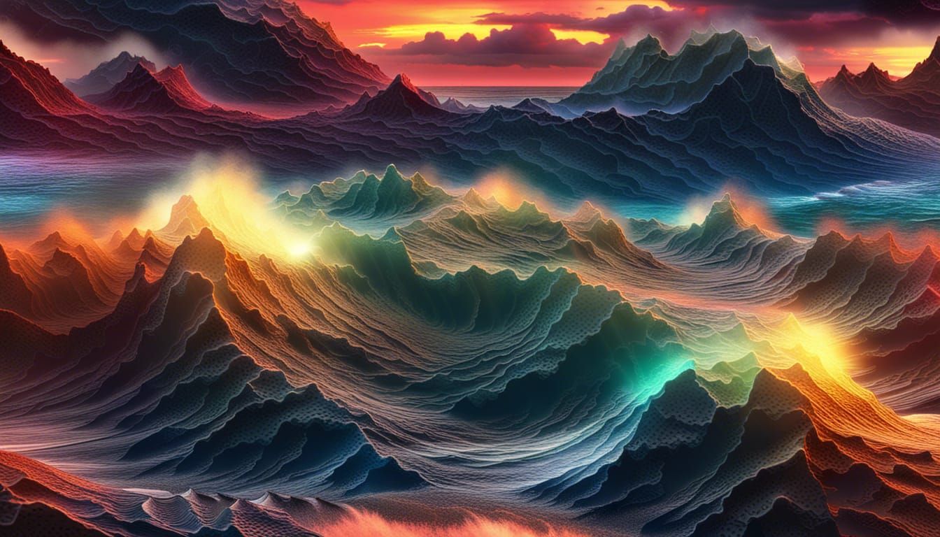 Fractal Coastline with Giant Waves at Sunset