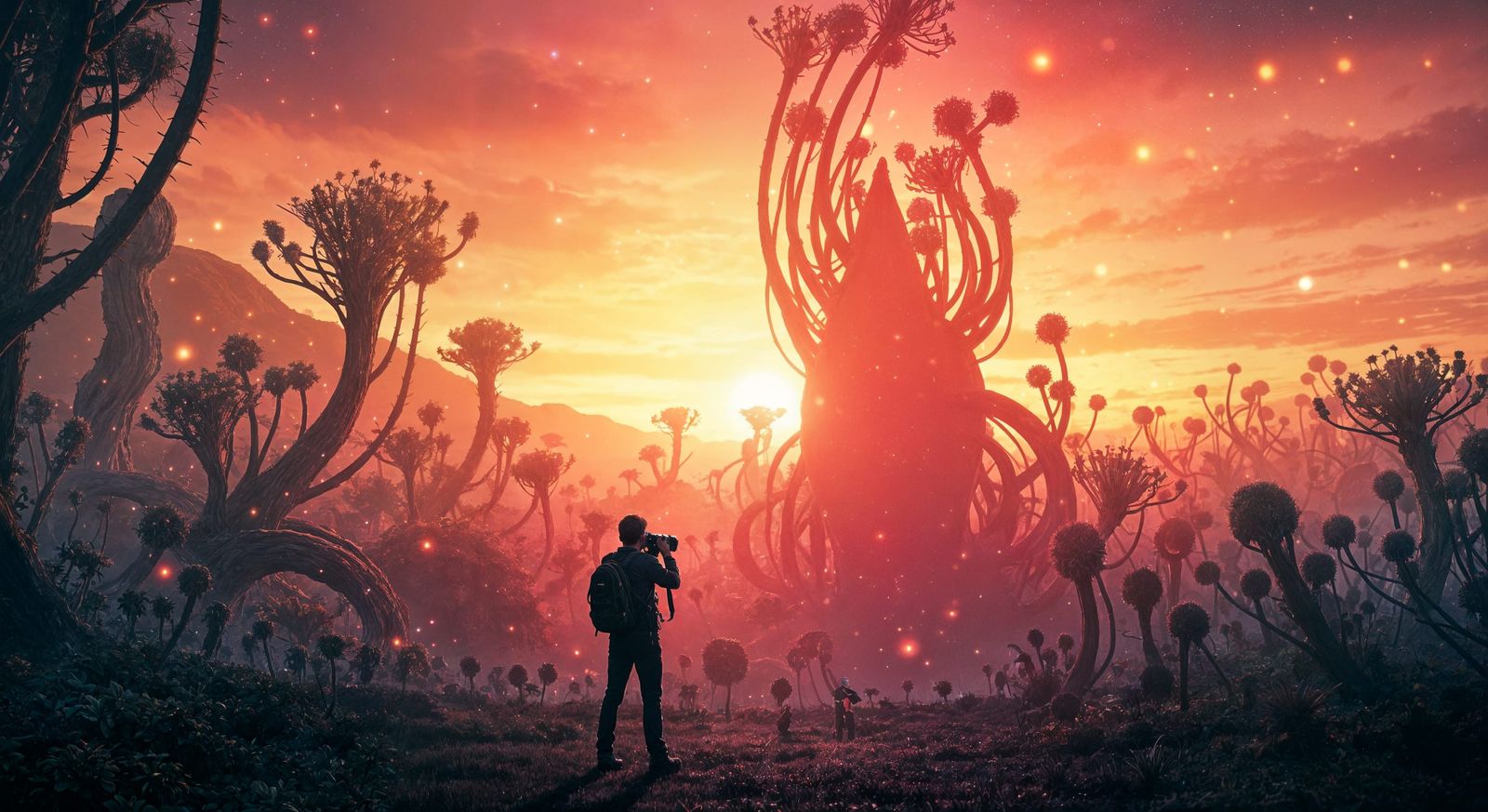 Alien Sunset: Bioluminescent Flora in Cinematic Style