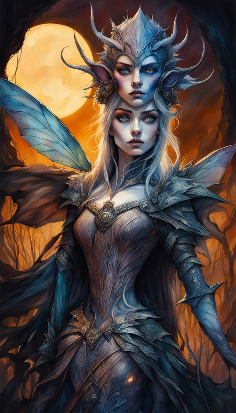 Goblin and Fairy Princess in Stylized Watercolor Illustratio...