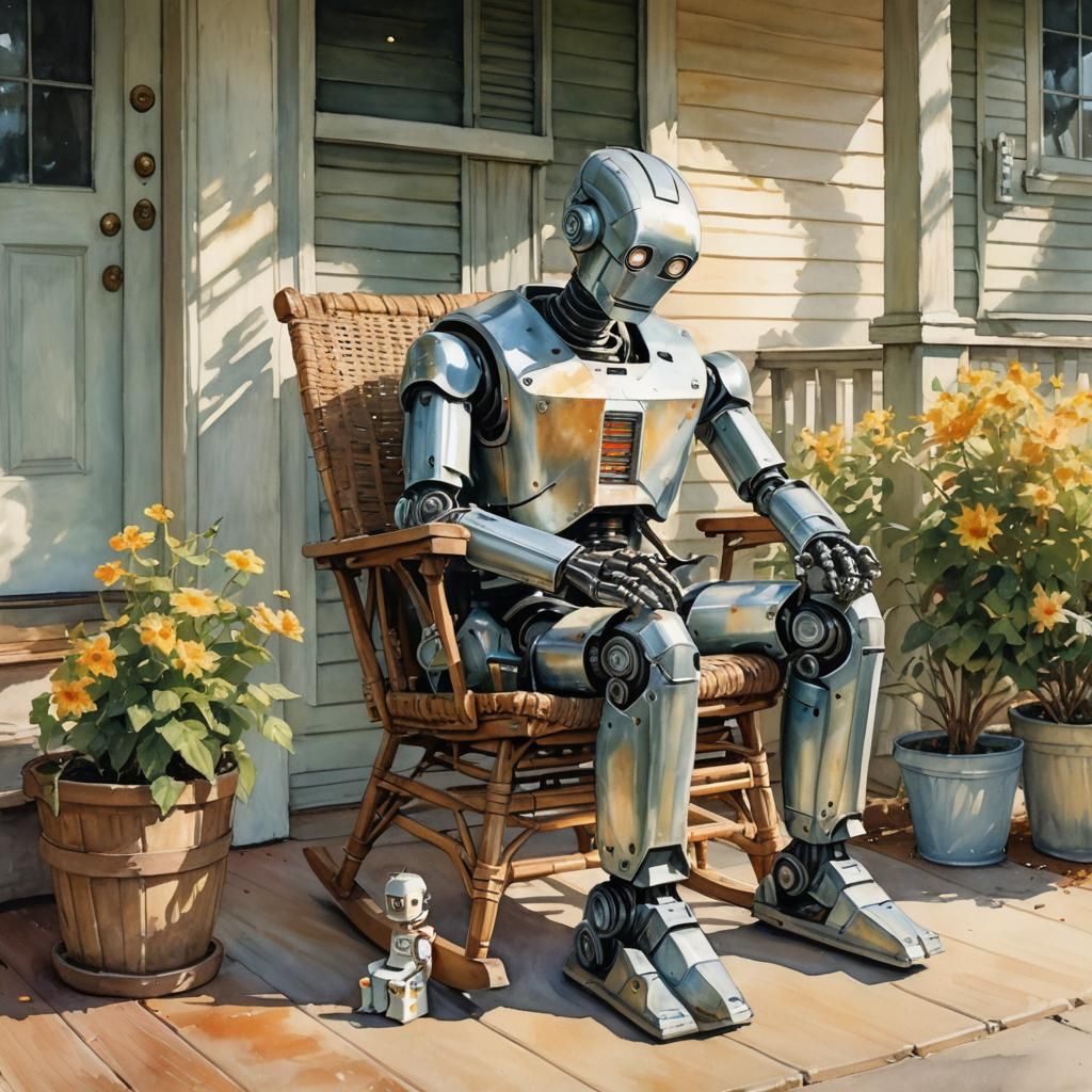 Robot Mother and Baby in Watercolor Painting