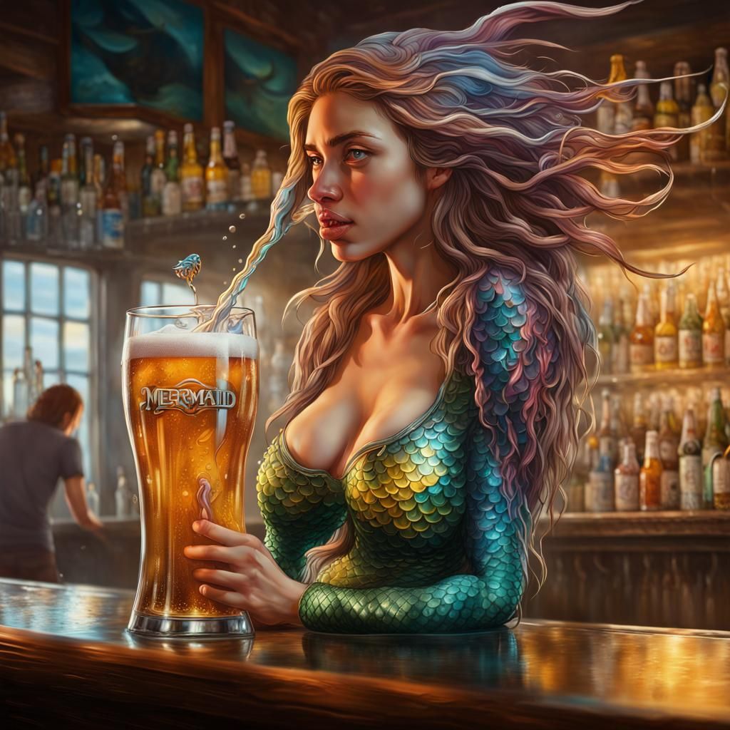 Mermaid in Beer Glass: Hyperrealistic Bar Scene