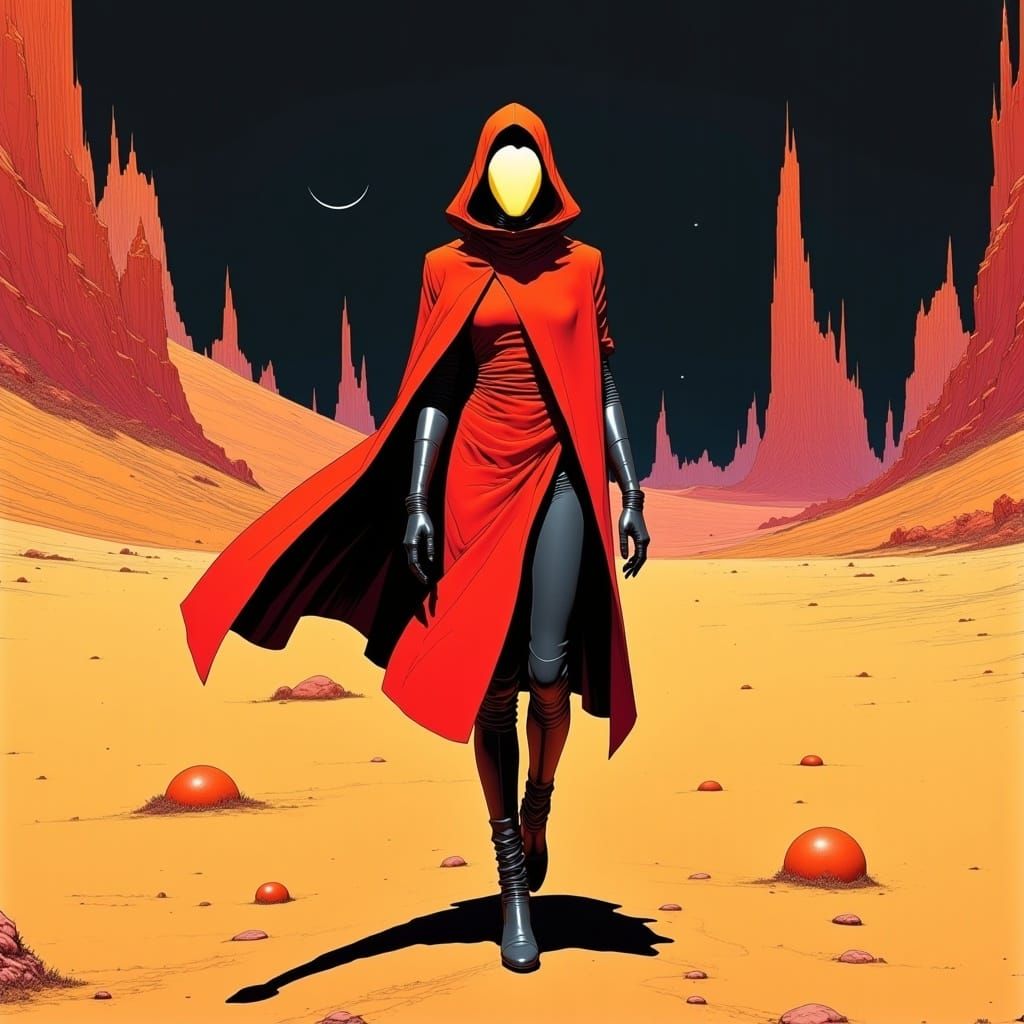 Alien Woman in Red Cloak, Moebius Style