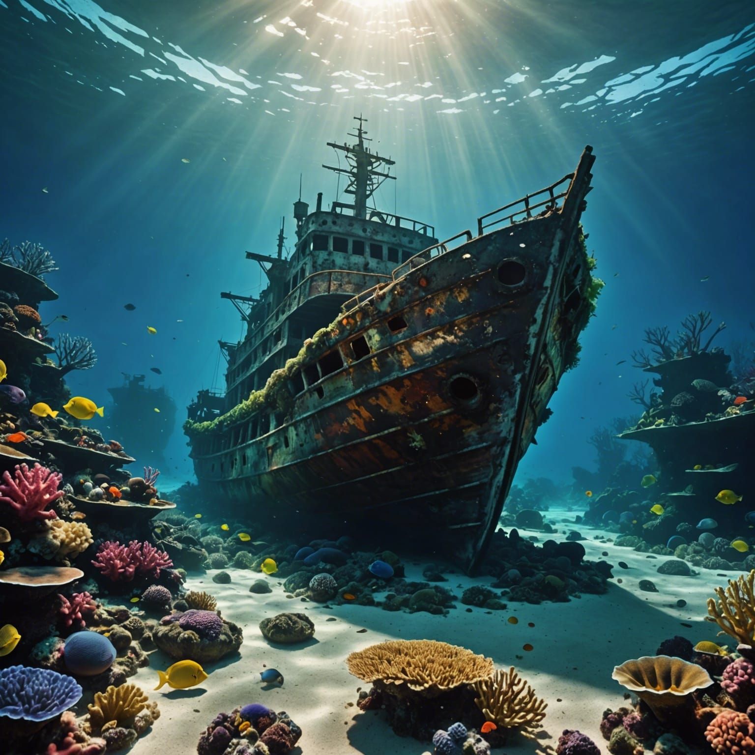 Shipwreck on Ocean Floor with Coral Reef
