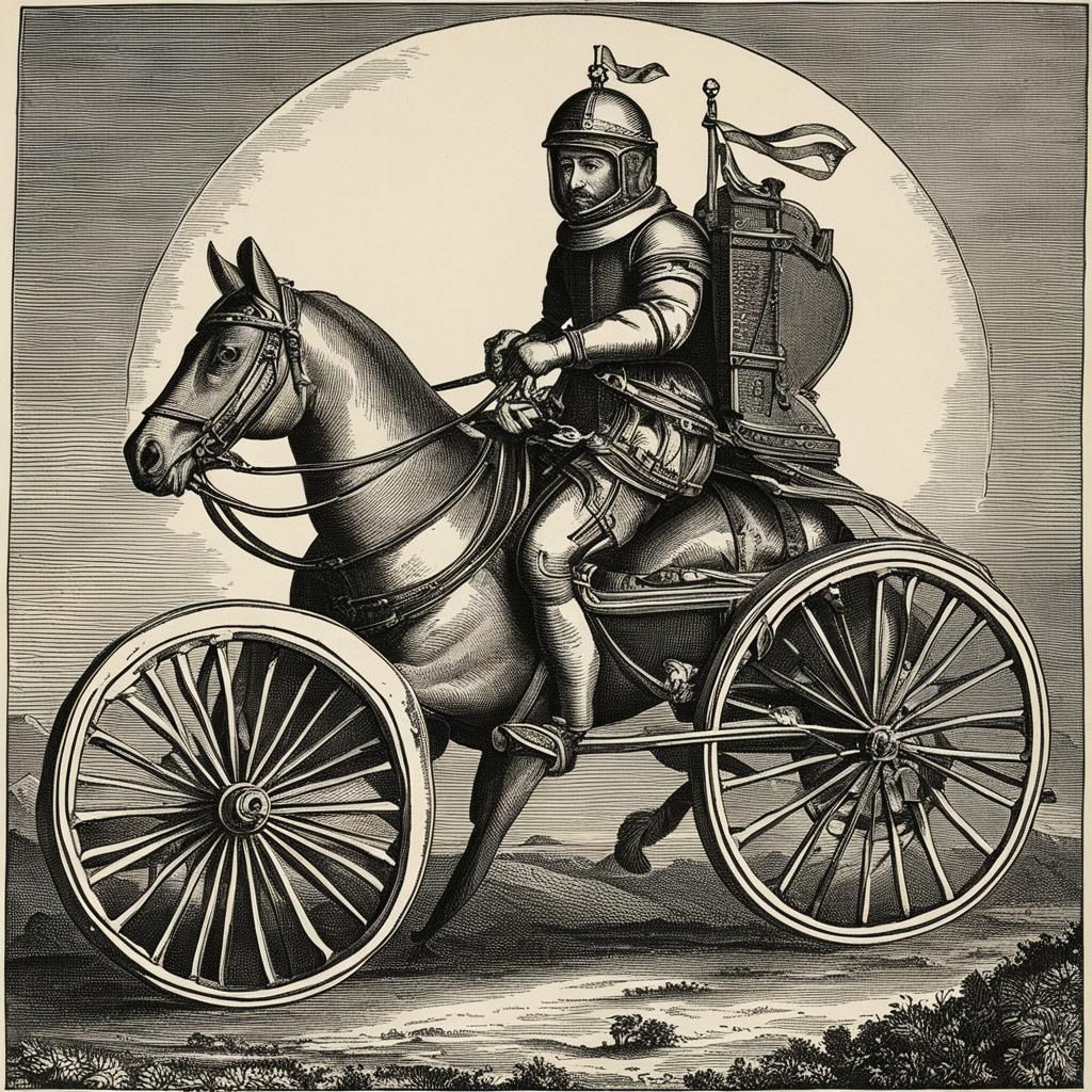 Astronaut on Velocipede in Medieval Engraving Style