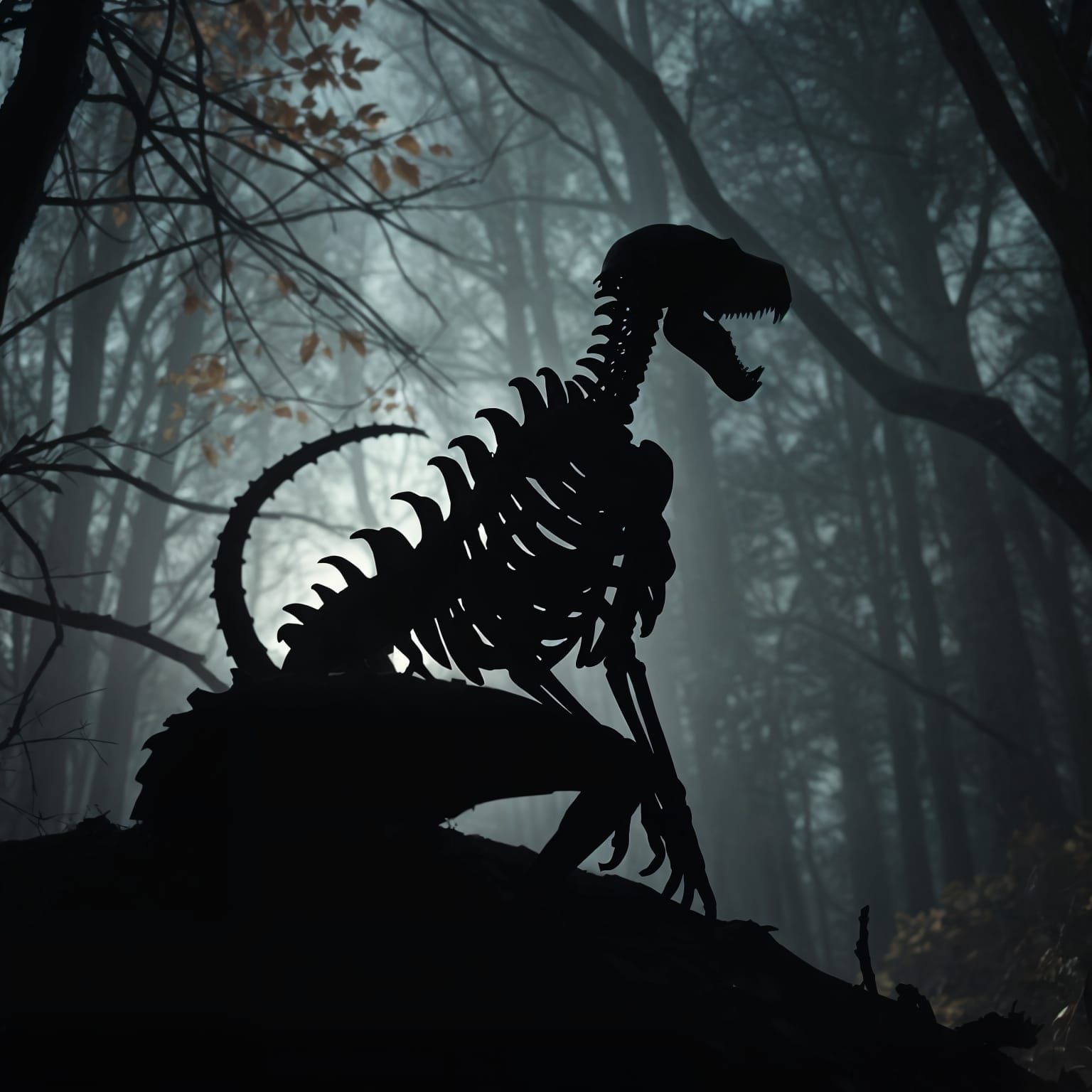 Surreal Horror Scene in Dark Forest