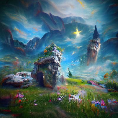 Goddess, Wolf, and Fairies in Dreamlike Meadow