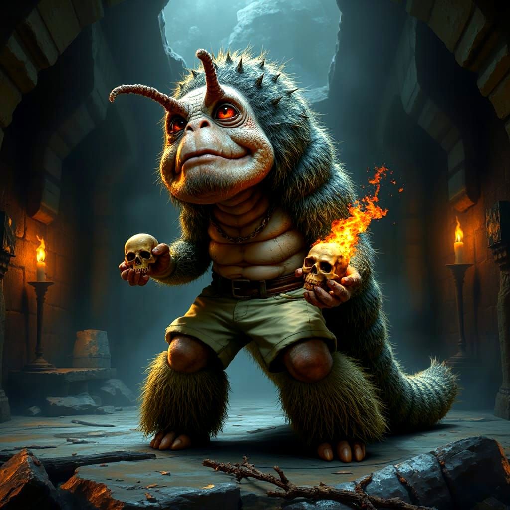 Giant Hairy Caterpillar Holds Laughing Skull in Dungeon