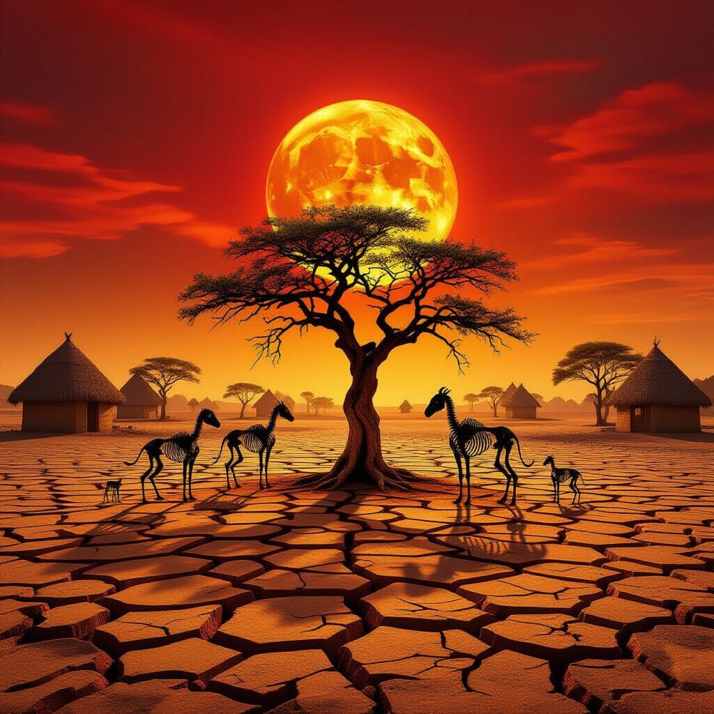 Cinematic View of African Village Under Ardent Red Sky