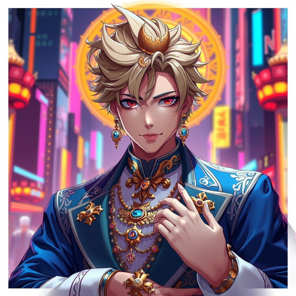 Confident Hero in Cyberpunk Cityscape