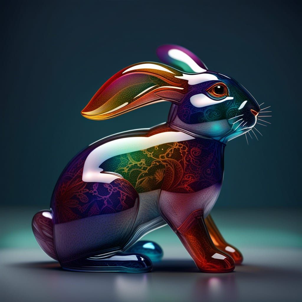 Hyperrealistic Multicolored Glass Zodiac Rabbit Sculpture