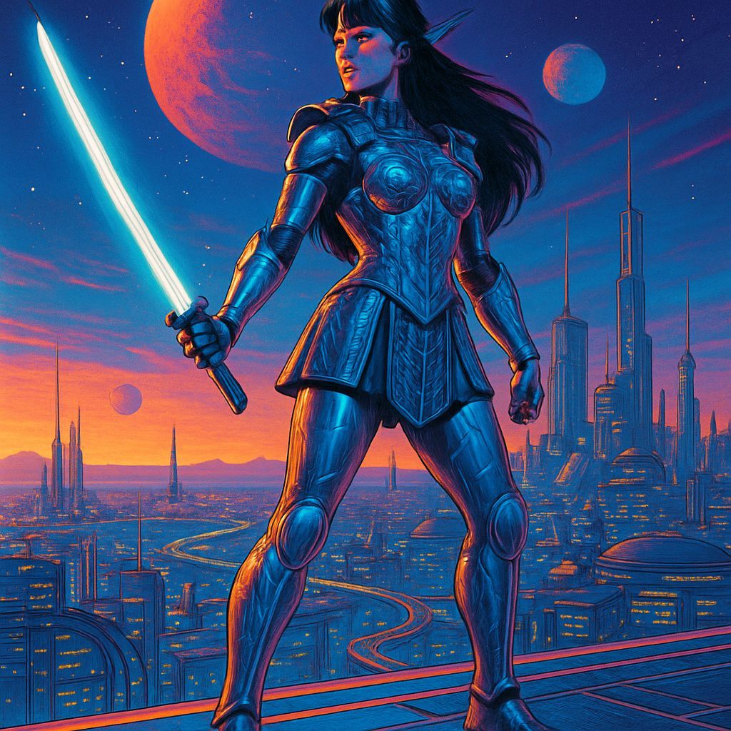 Epic Futuristic Warrior Princess Stands Guard on Distant Pla...
