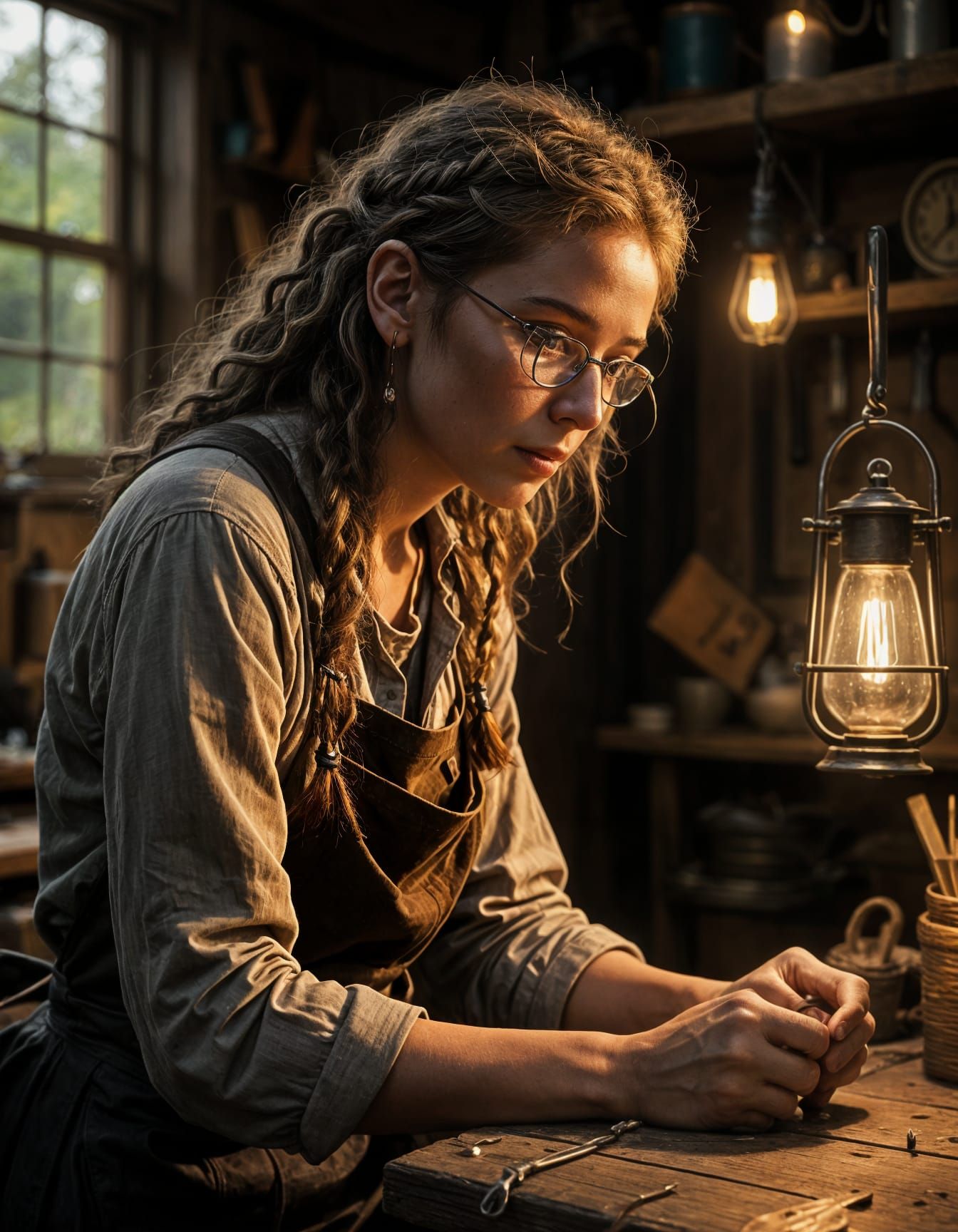 Elegant European Woman in Leather Workshop
