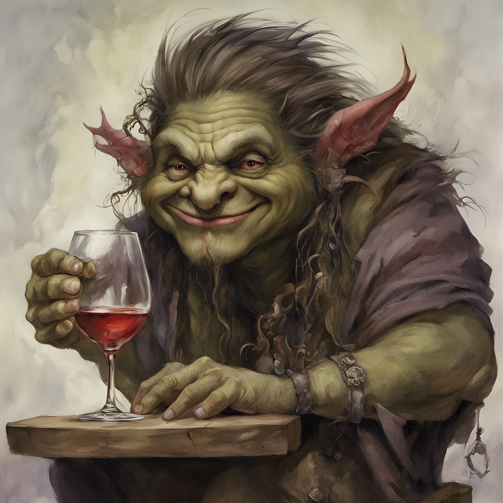 Fantasy Troll Sipping Wine in Dark Fairy Art Style